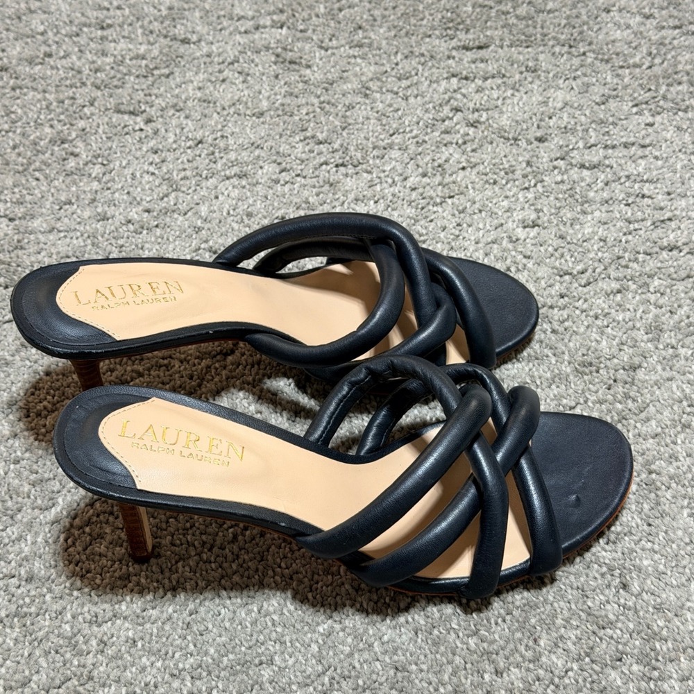 Lauren Ralph Lauren Liliana Black Leather Padded Strap Kitten Heel Mules 7B